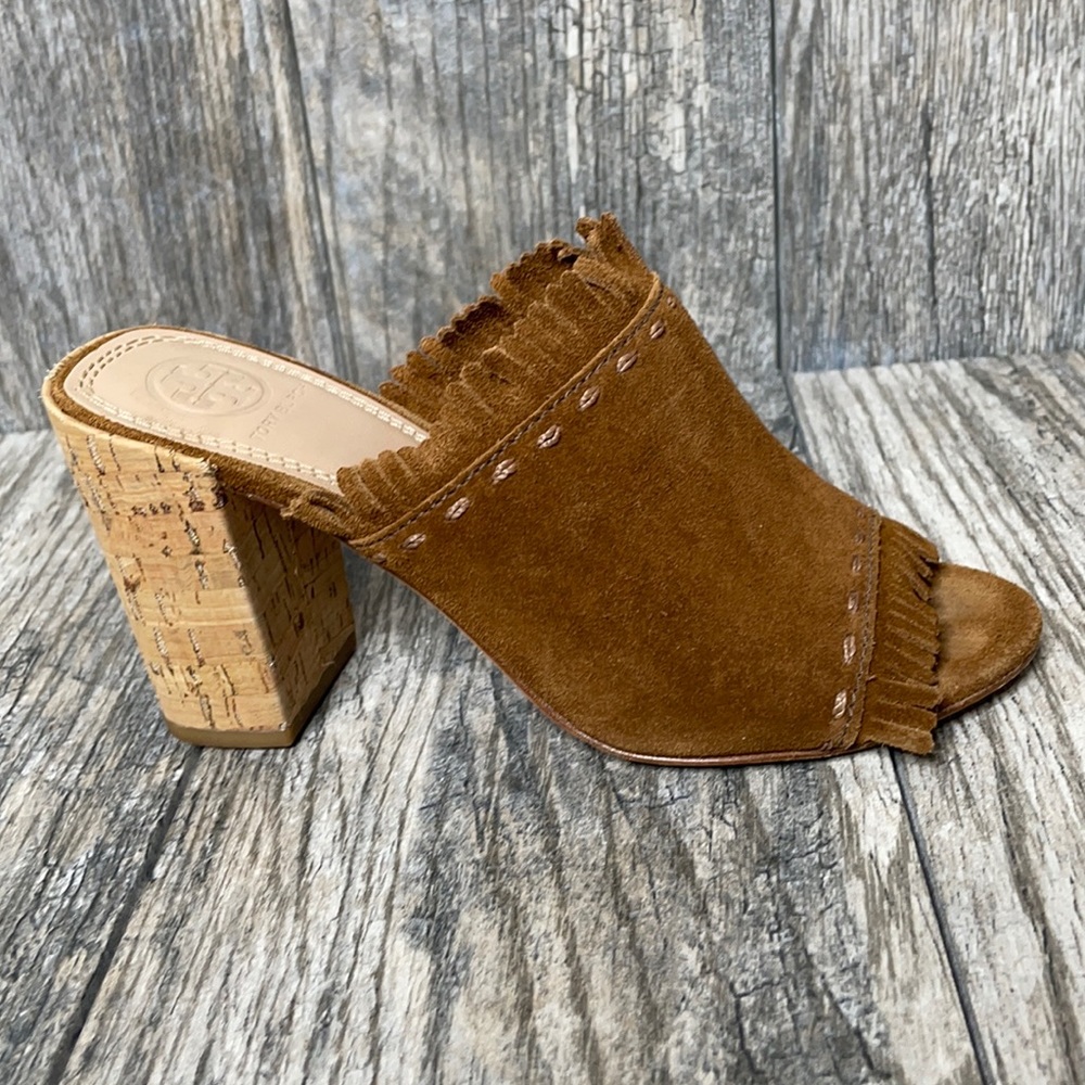 Tory Burch Huntington Suede Heeled Mule Fringed Leather 5.5M